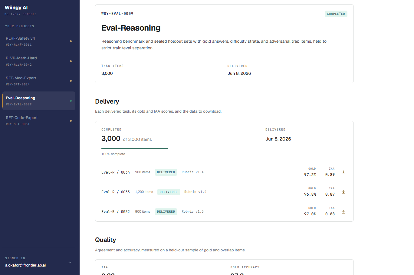 Glass client console with project progress and delivery tracking